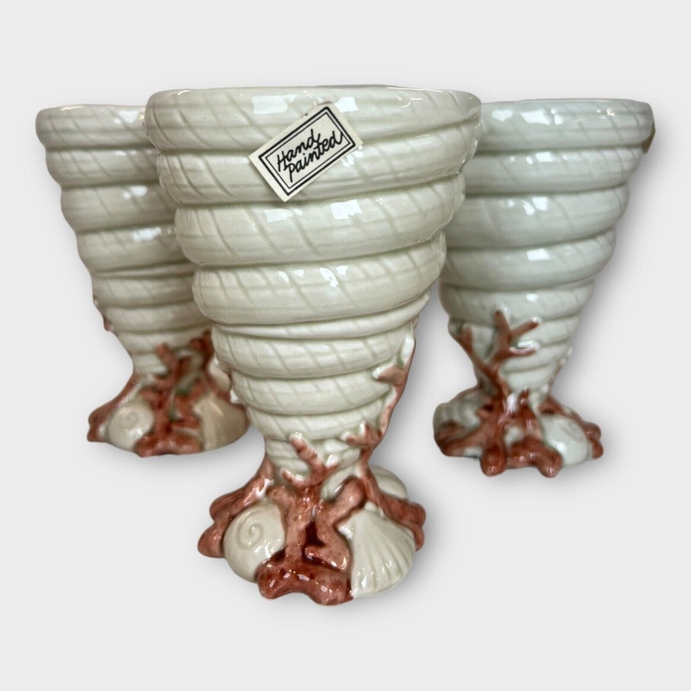 Vintage Fitz & Floyd Oceana 6 Pedestal Cups Seashells in Pink White Japan made